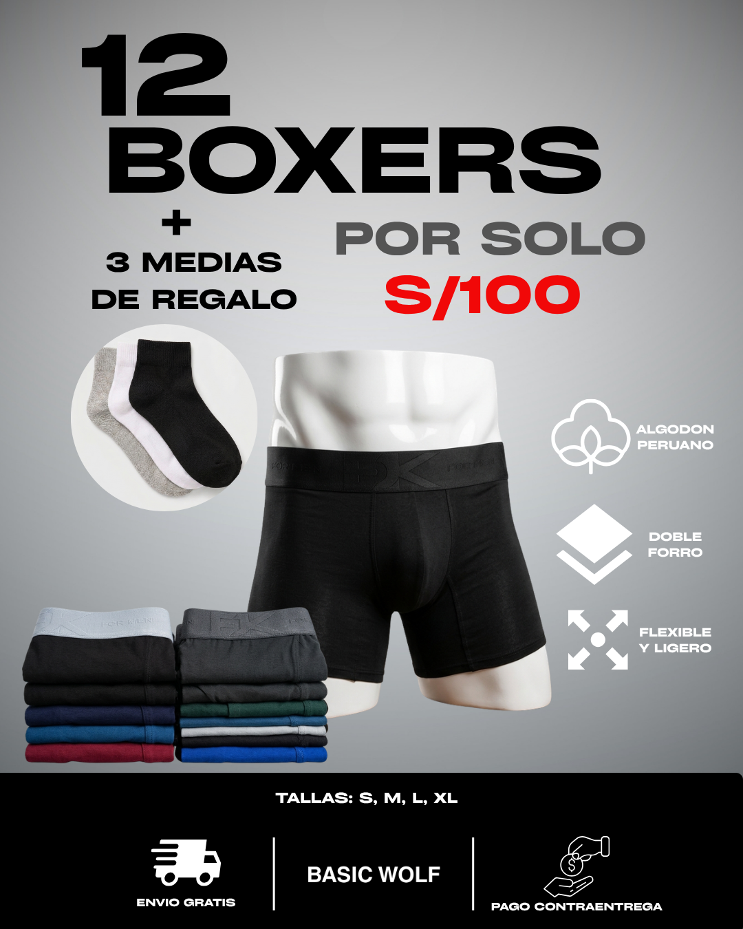 12 Boxers + 3 Pares de Medias GRATIS