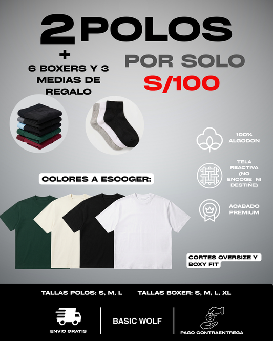 2 Polos + 6 Boxers y 3 Medias de Regalo a S/100